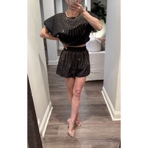 Queen Of Sparkles Black Gold Rhinestone Burst Shorts Crop Top Set Saints